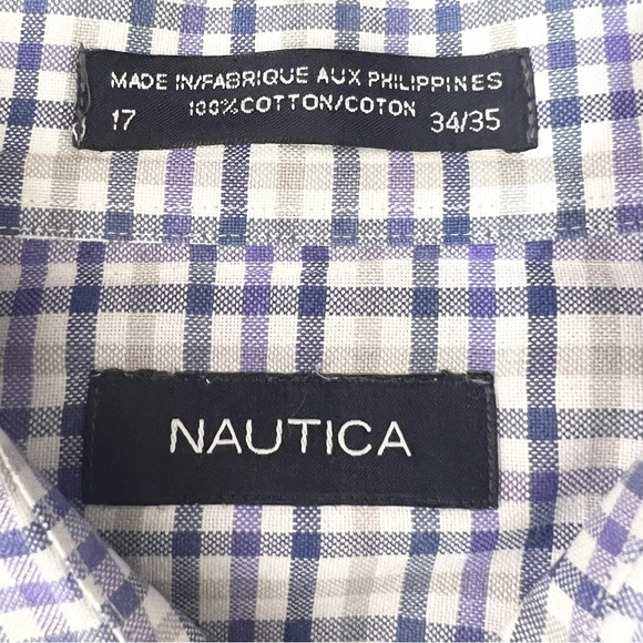 Nautica Plaid Casual Button Down Shirt Men’s Size 17 - 34/35 Tan Blue & Purple - Picture 8 of 10